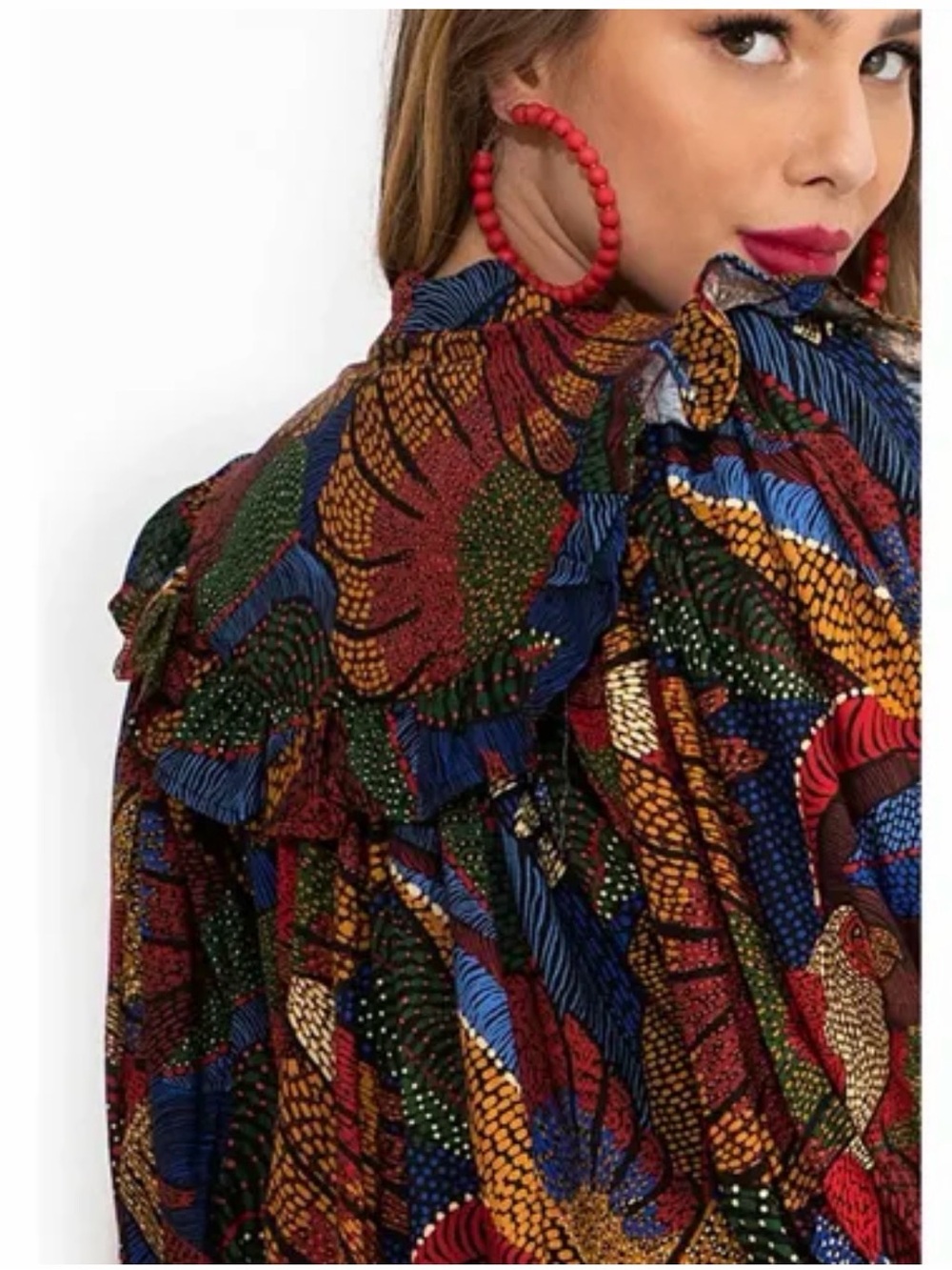 Women’s Multicolor Printed Ruffle-Front Blouse - Picture 3 of 4